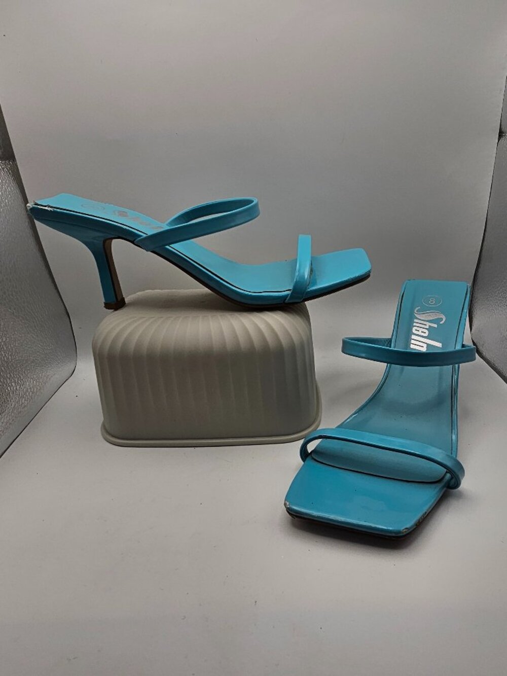 SHEIN Turquoise Square‑Toe Duo‑Strap Mule Heels, Slim Mid‑Heel, Size 8